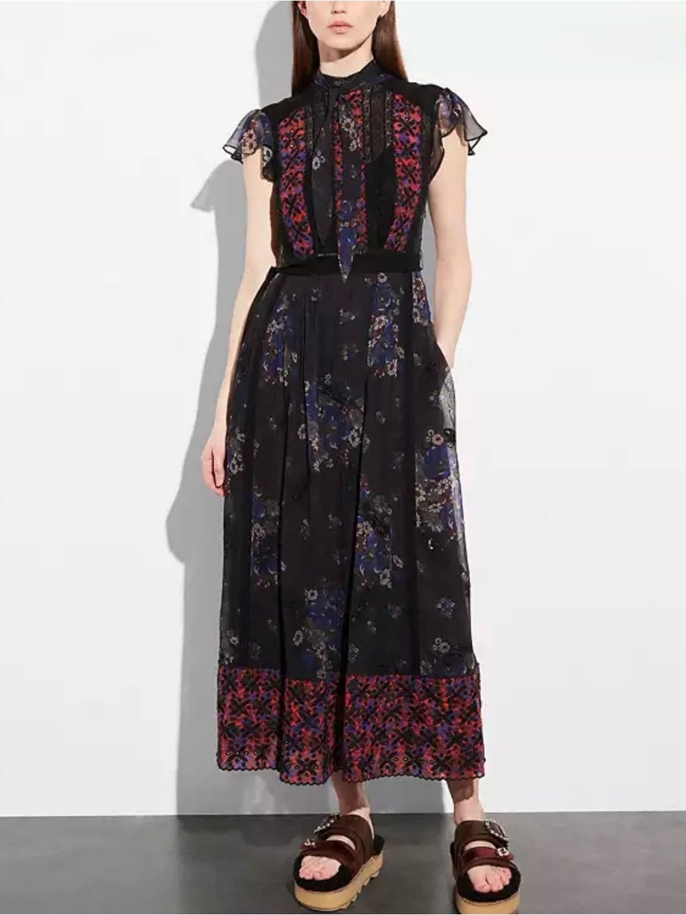 Coach Mixed Print Lacework Maxi Dress Necktie Sheer Dark Floral Women's Size 0